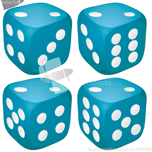 Image of Set of blue casino craps, dices with two points, dots number on top