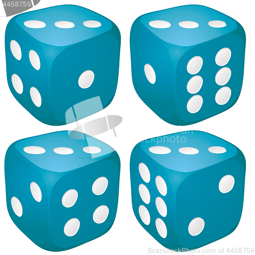 Image of Set of blue casino craps, dices with three points, dots number on top