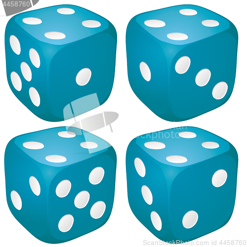 Image of Set of blue casino craps, dices with four points, dots number on top