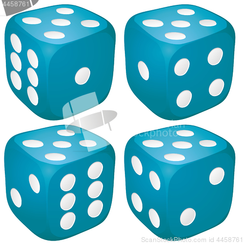 Image of Set of blue casino craps, dices with five points, dots number on top