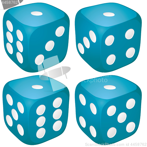 Image of Set of blue casino craps, dices with one point, dot number on top