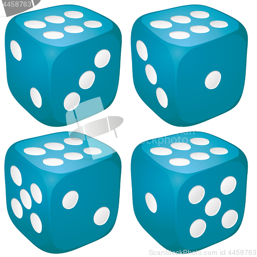 Image of Set of blue casino craps, dices with six points, dots number on top