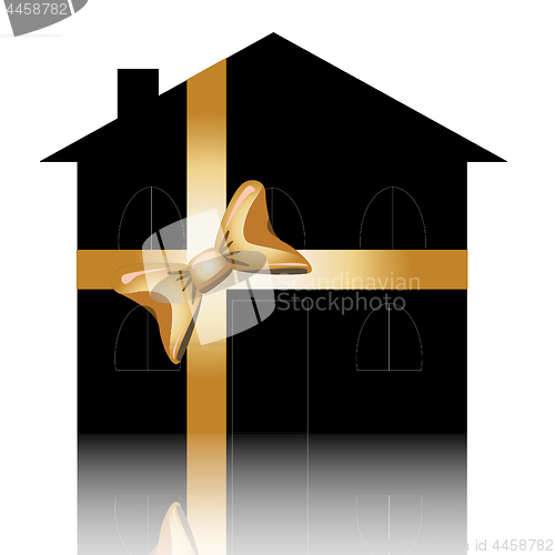 Image of House with a ribbon as a gift with reflection