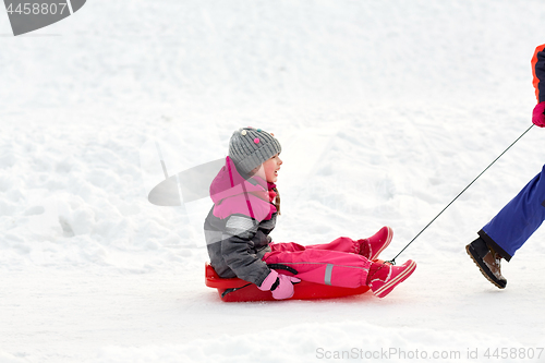 Image of girls with sled having fun outdoors in winter