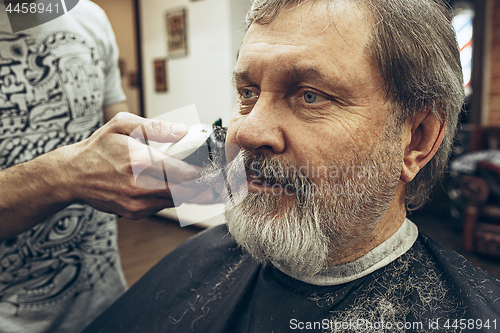 Image of Close-up side view portrait of handsome senior bearded caucasian man getting beard grooming in modern barbershop.