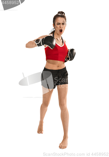 Image of Fit beautiful woman with the boxing gloves isolated on white background