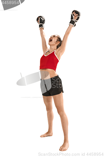 Image of Fit beautiful woman with the boxing gloves isolated on white background
