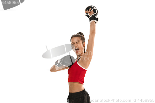 Image of Fit beautiful woman with the boxing gloves isolated on white background