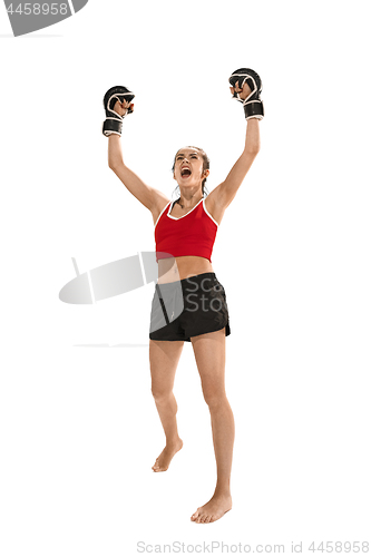 Image of Fit beautiful woman with the boxing gloves isolated on white background