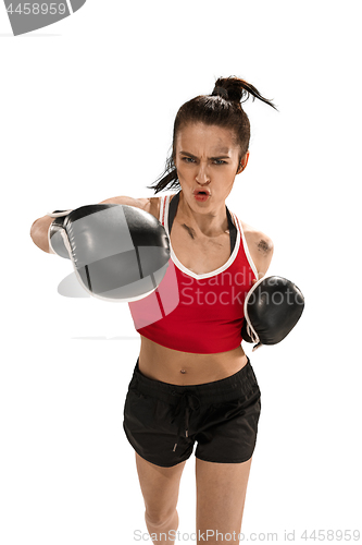 Image of Fit beautiful woman with the boxing gloves isolated on white background