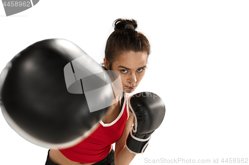 Image of Fit beautiful woman with the boxing gloves isolated on white background