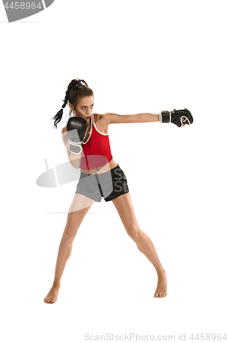 Image of Fit beautiful woman with the boxing gloves isolated on white background