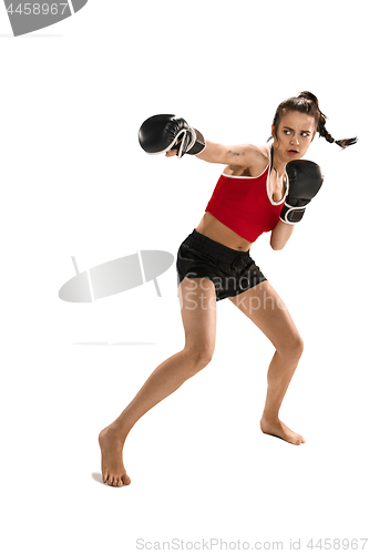 Image of Fit beautiful woman with the boxing gloves isolated on white background