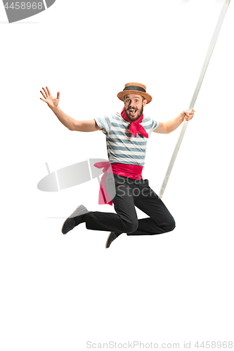 Image of Caucasian man in traditional gondolier costume and hat