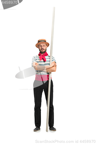 Image of Caucasian man in traditional gondolier costume and hat