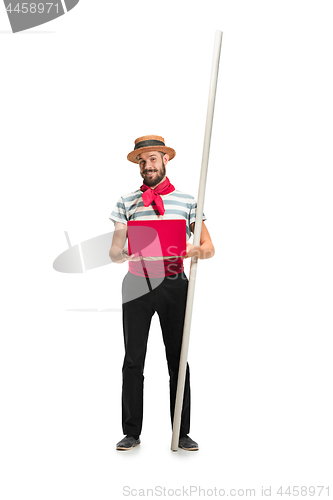 Image of Caucasian man in traditional gondolier costume and hat