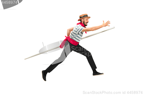 Image of Caucasian man in traditional gondolier costume and hat