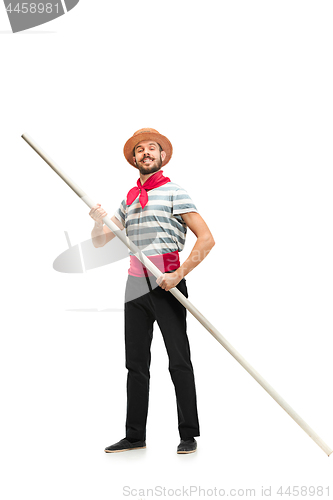 Image of Caucasian man in traditional gondolier costume and hat