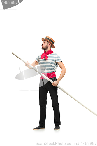 Image of Caucasian man in traditional gondolier costume and hat