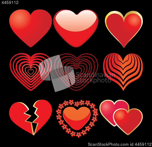 Image of Set of red hearts isolated on black, different shapes