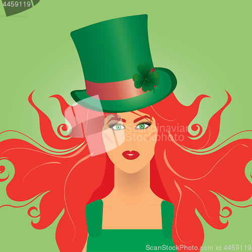 Image of Irish girl in green top-hat for St. Patrick`s day