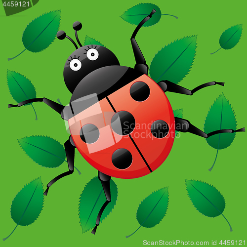 Image of Funny ladybug, looking on me, cartoon character on green seamless background with leaves