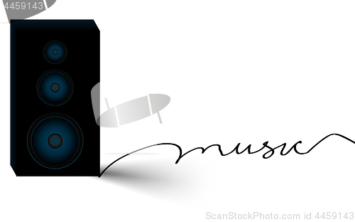 Image of Background with column loudspeaker and a music word made from cable isolated on white