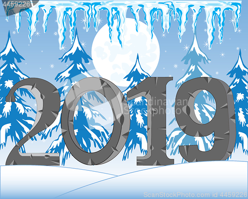 Image of Holiday new year 2019 on background winter wood