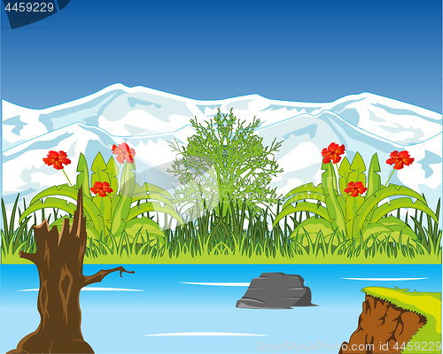 Image of Riverside with wild vegetation and snow mountains