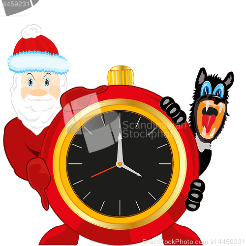 Image of Santa and dog beside new years festive hours