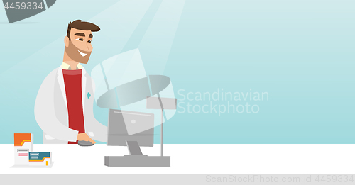 Image of Pharmacist at counter with cash box.