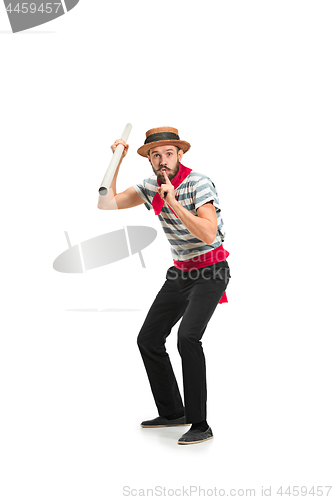 Image of Caucasian man in traditional gondolier costume and hat