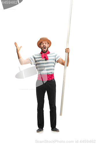 Image of Caucasian man in traditional gondolier costume and hat