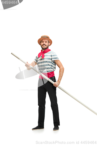 Image of Caucasian man in traditional gondolier costume and hat