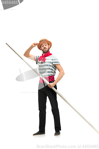 Image of Caucasian man in traditional gondolier costume and hat