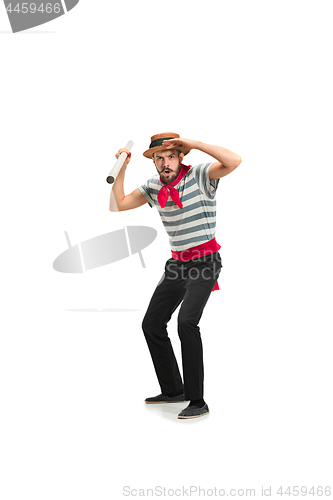 Image of Caucasian man in traditional gondolier costume and hat