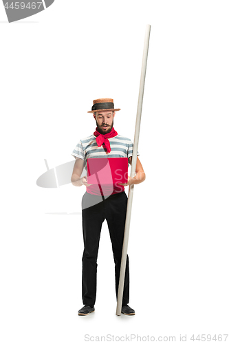 Image of Caucasian man in traditional gondolier costume and hat