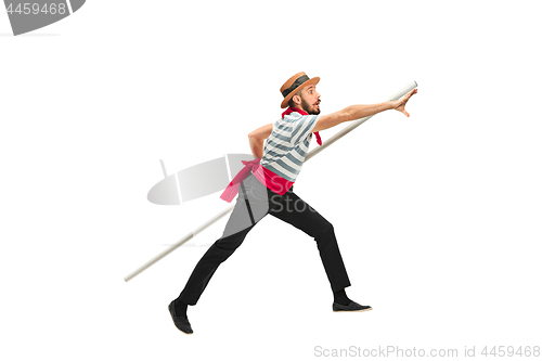 Image of Caucasian man in traditional gondolier costume and hat