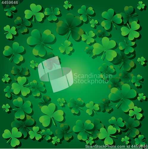 Image of Background with clovers for St.Patrick`s day with one happy clover
