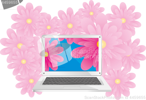 Image of Simple silver laptop with contrast flowers