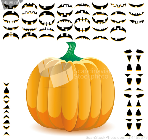 Image of Halloween pumpkin with big set of mouths, eyes and noses for Jack O`Lantern face, part 