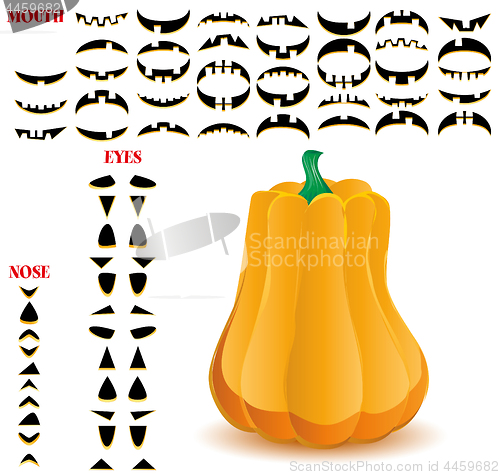 Image of Halloween pumpkin with big set of mouths, eyes and noses for Jack O`Lantern face, part 12