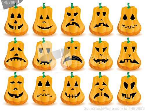 Image of Big set of 15 Halloween pumpkins with  mouths, eyes and noses as Jack O`Lantern face, part 14