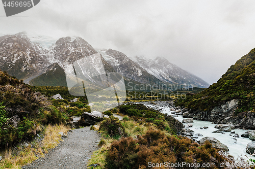 Image of Hooker Valley Track hiking trail, New Zealand.