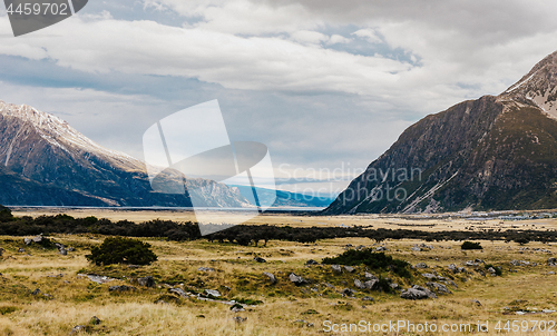 Image of Hooker Valley Track hiking trail, New Zealand.