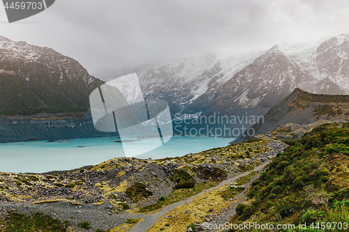 Image of Hooker Valley Track hiking trail, New Zealand.