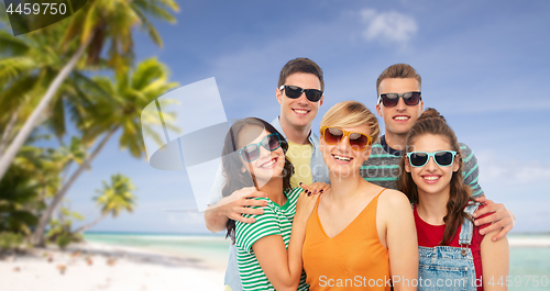 Image of friends in sunglasses over white background