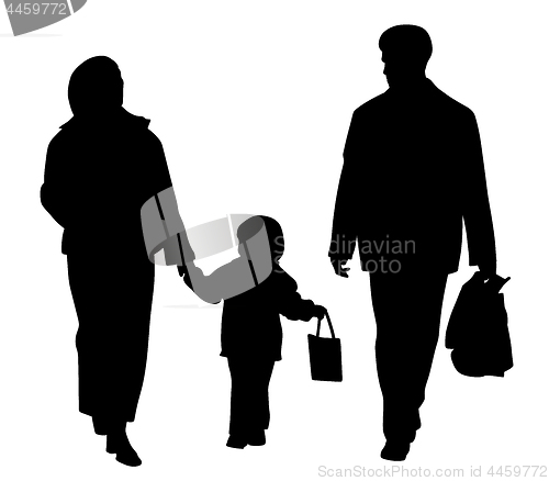 Image of Happy family walking with shopping bags