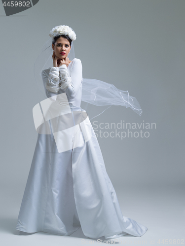 Image of young bride in a wedding dress with a veil