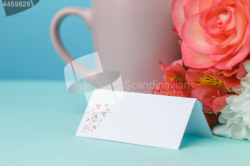 Image of Love background with pink roses, flowers, gift on table